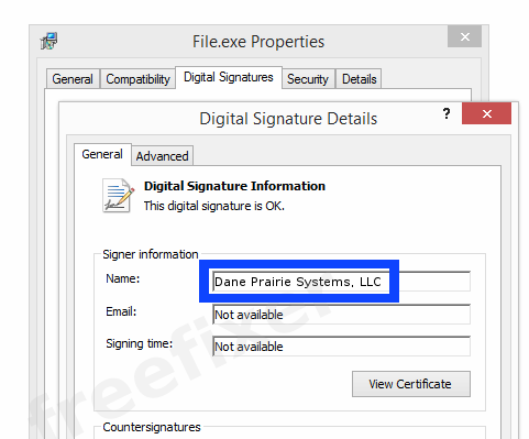 Screenshot of the Dane Prairie Systems, LLC certificate